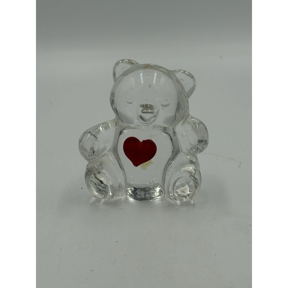 Vintage Solid Clear Art Glass Teddy Bear Figurine Applied Red Heart Paperweight